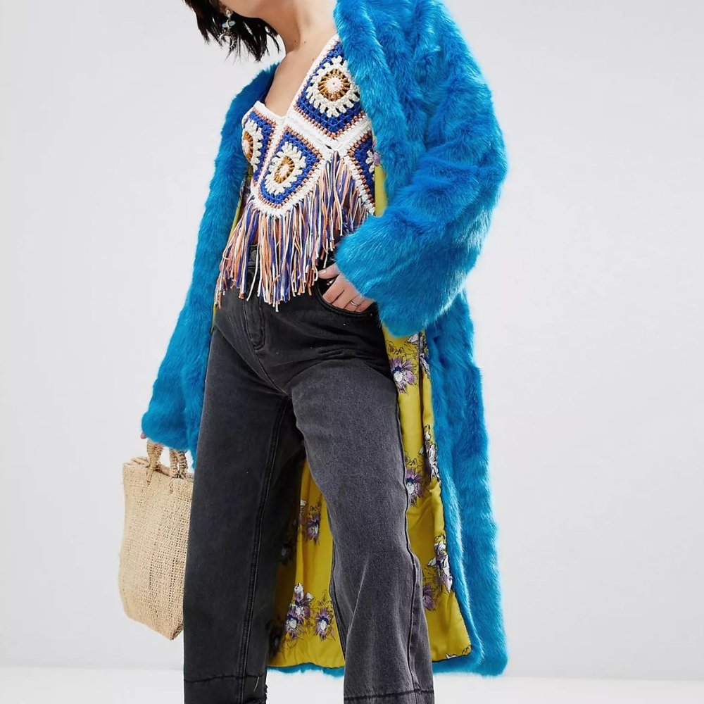 FREE PEOPLE Magnolia Blue Faux Fur Coat